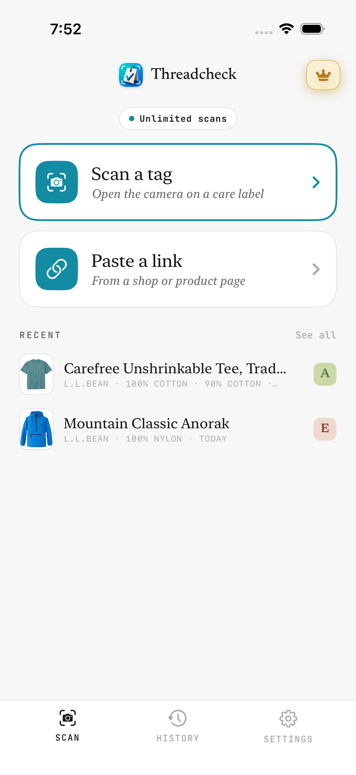 Threadcheck home screen — two recent scans and the scan / paste options