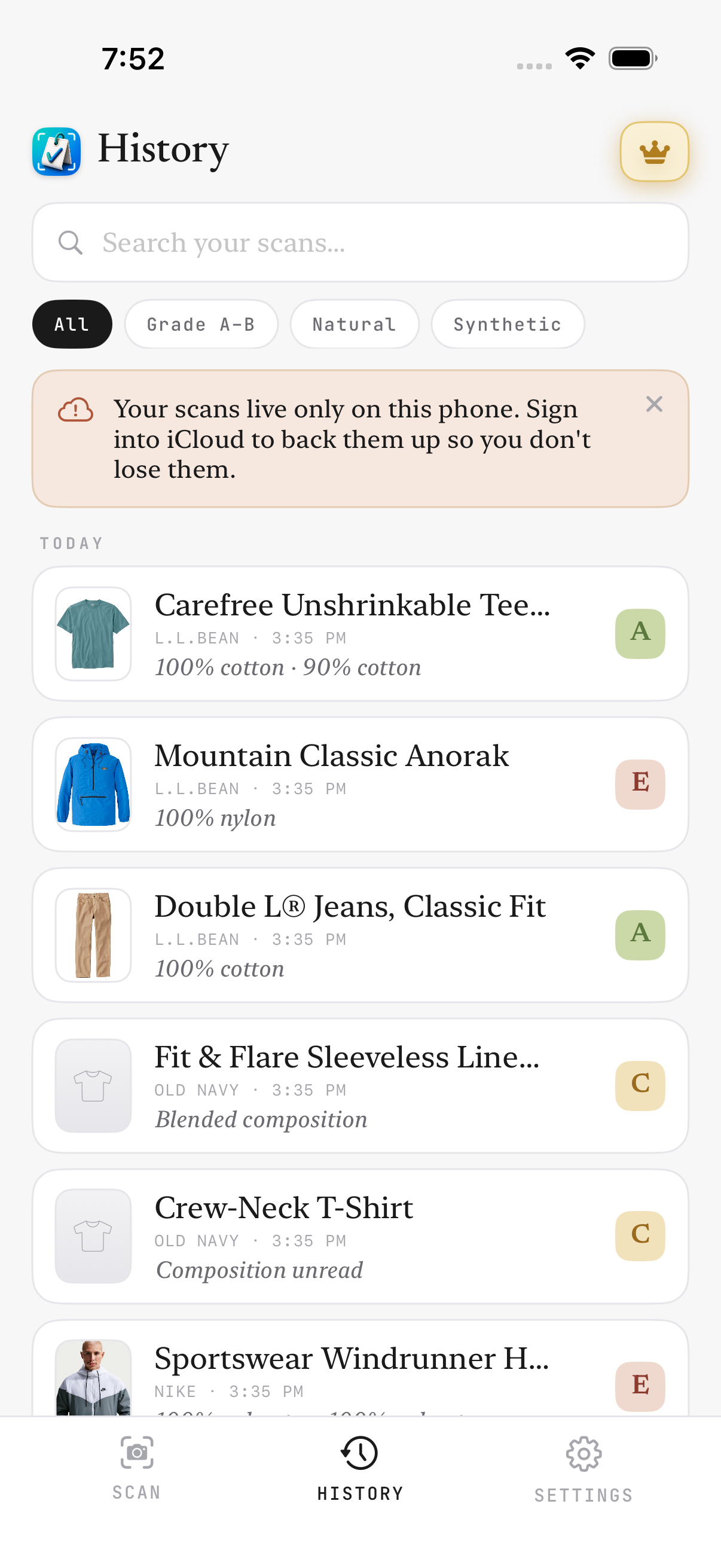 Threadcheck history — every garment you've checked