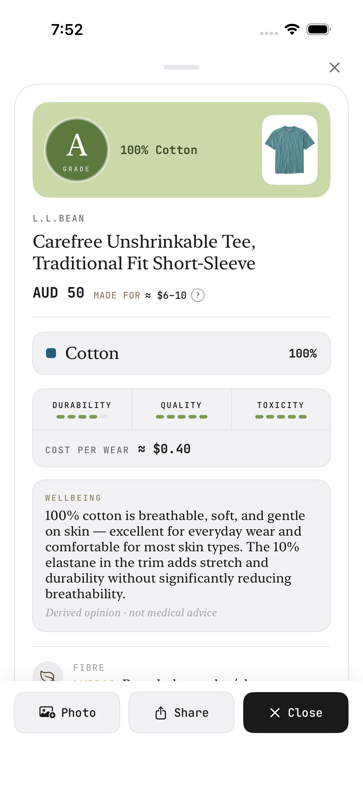 A full Threadcheck report card with grade, fibres and wear meters